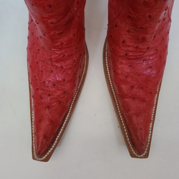 Vtg Goss Red Leather Ostrich Boots 6 Stiletto Pointed Toe Western Witchy Cowboy - Picture 4 of 16